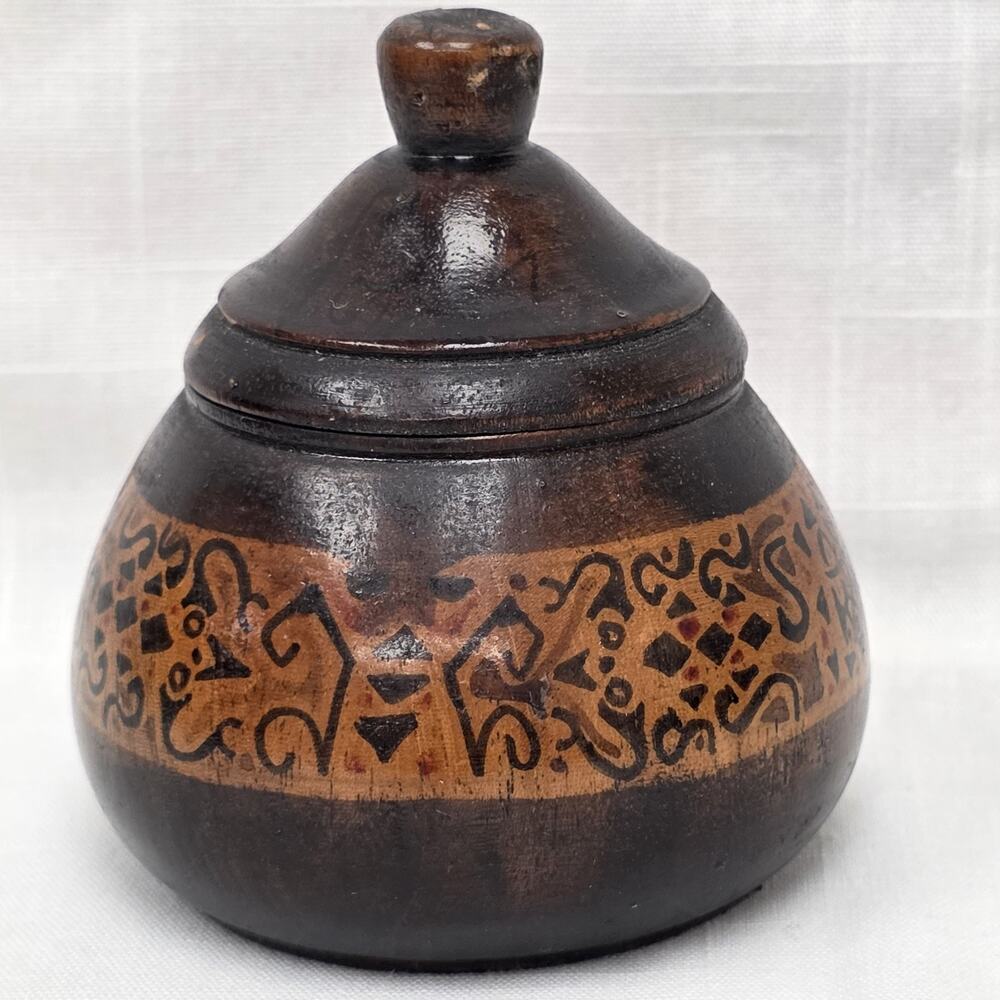 Vintage Hand Carved Wood Covered Jar Rustic Boho Tribal Decor Container